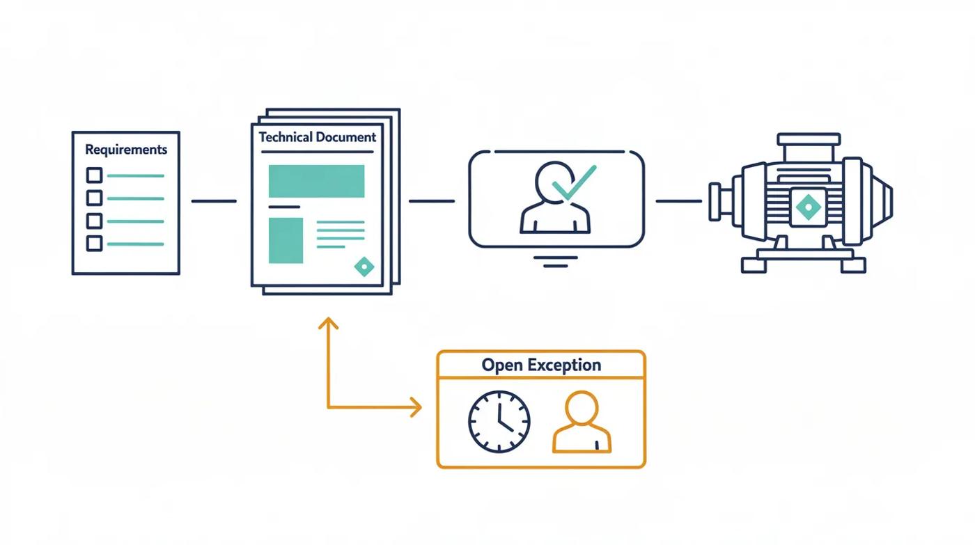 Diagram linking handover requirements, technical documents, a reviewer and equipment, with an open-exception branch.