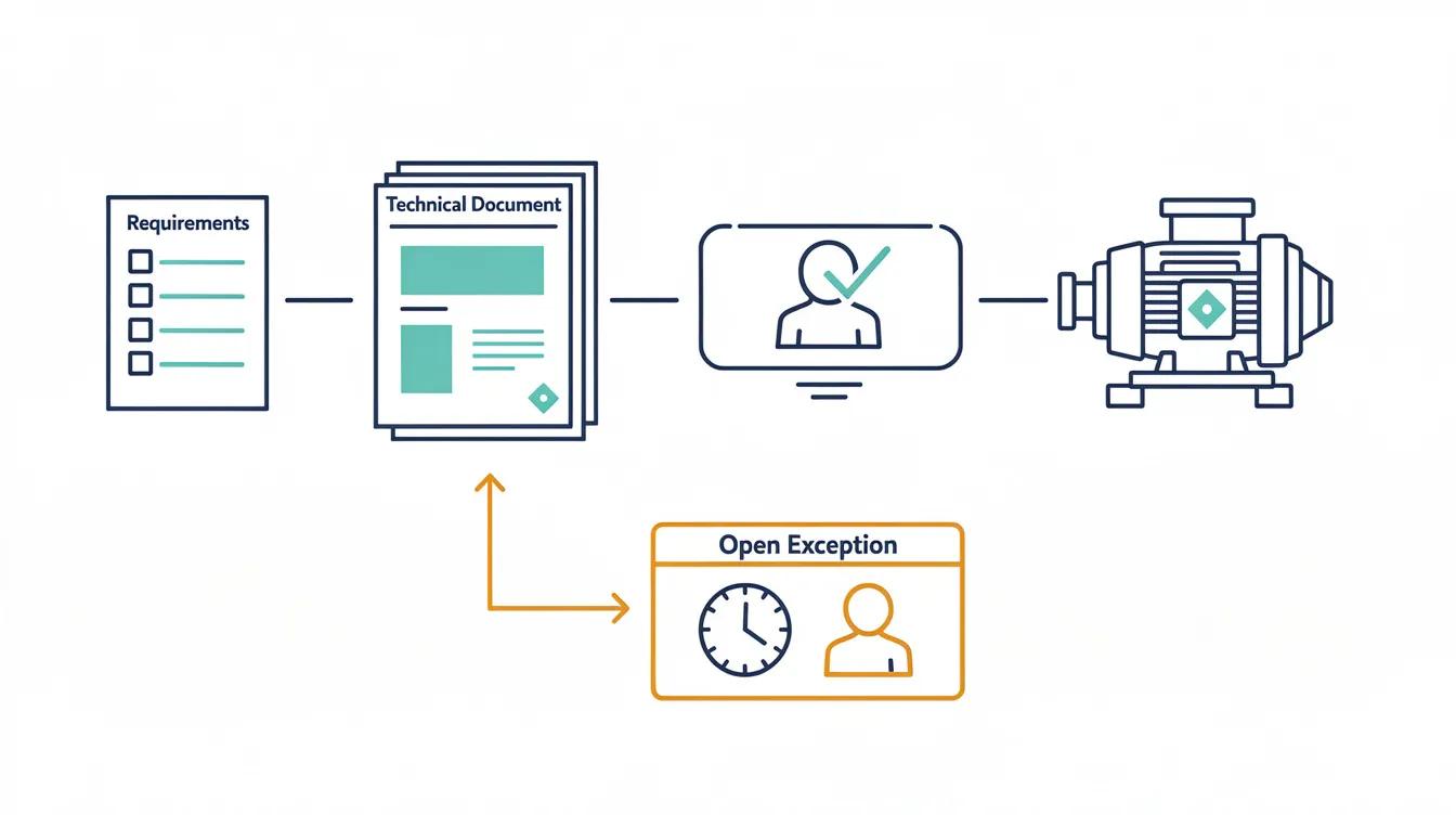 Diagram linking handover requirements, technical documents, a reviewer and equipment, with an open-exception branch.