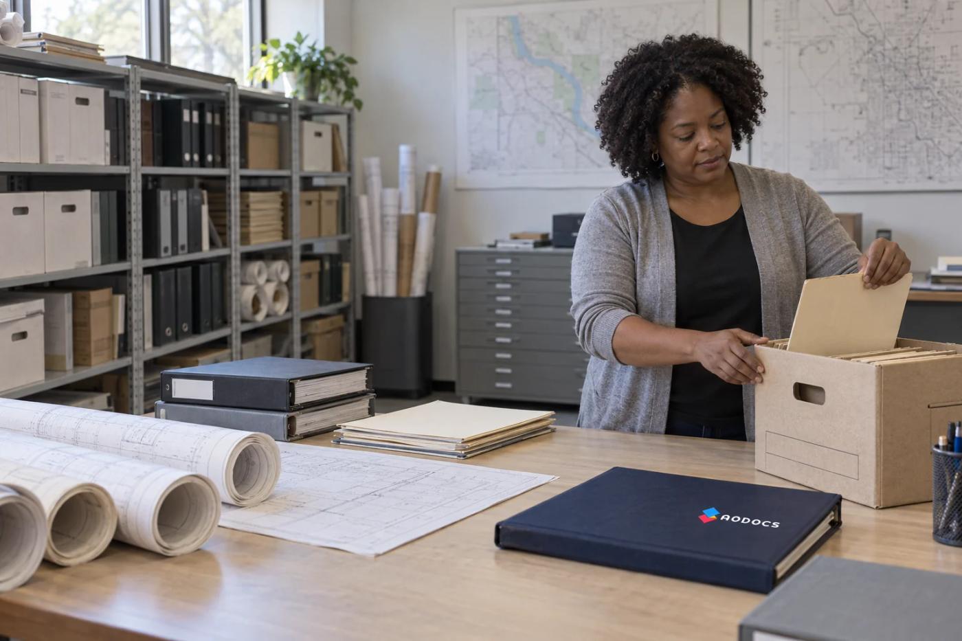 A records specialist sorts folders beside binders, archive boxes and rolled engineering plans.