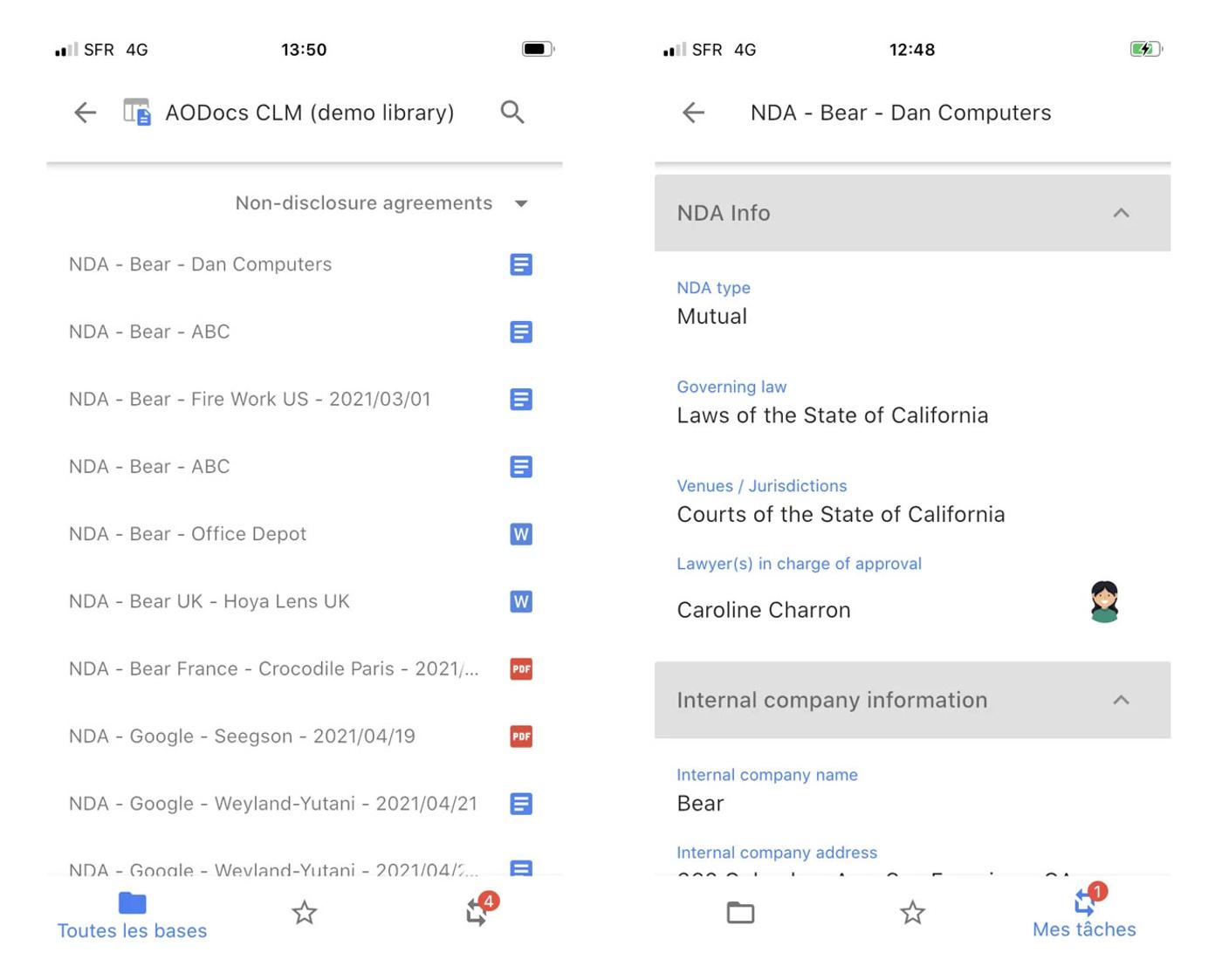 Two mobile screens showing an AODocs document library and non-disclosure agreement details.