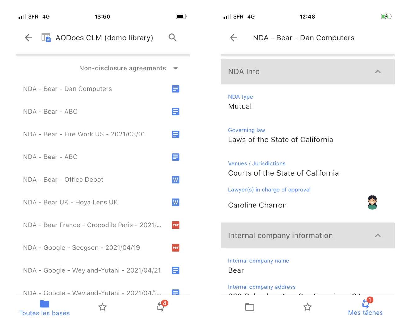 Two mobile screens showing an AODocs document library and non-disclosure agreement details.