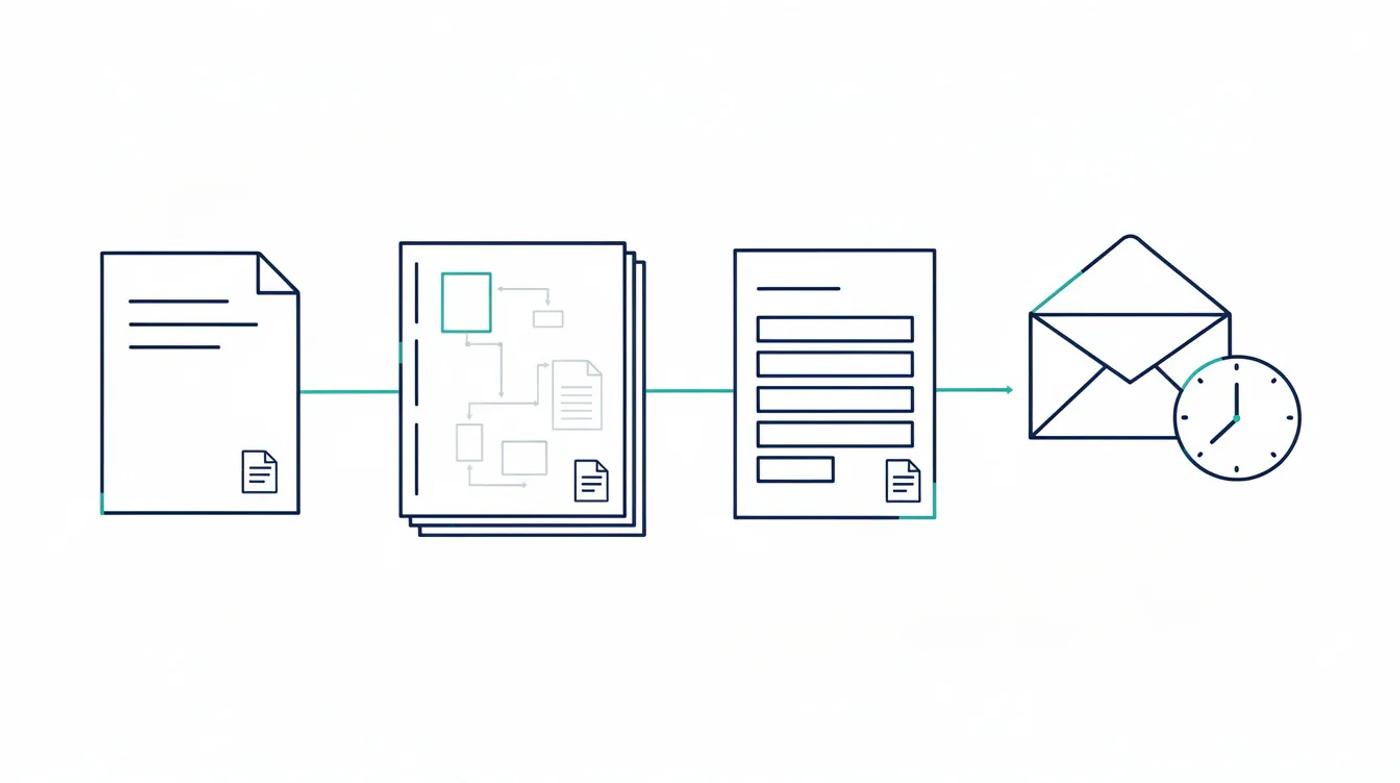 A cover sheet, drawing package, register and envelope with a clock connected by a traceability line.