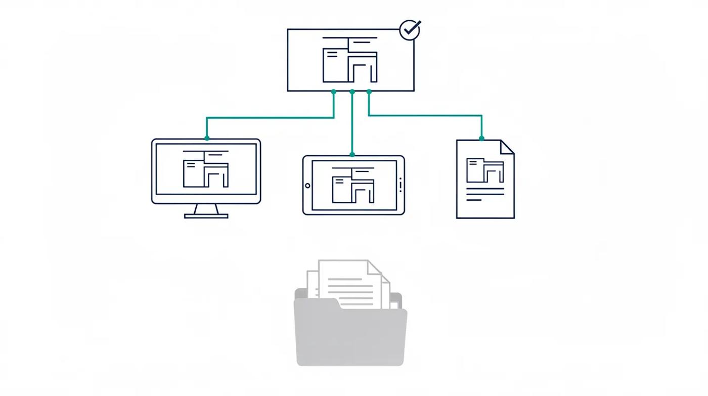 An approved drawing connects to a desktop, tablet and paper copy, with a separate archive folder below.