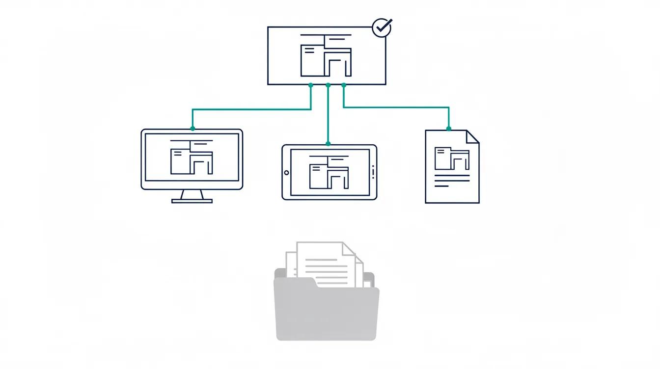 An approved drawing connects to a desktop, tablet and paper copy, with a separate archive folder below.