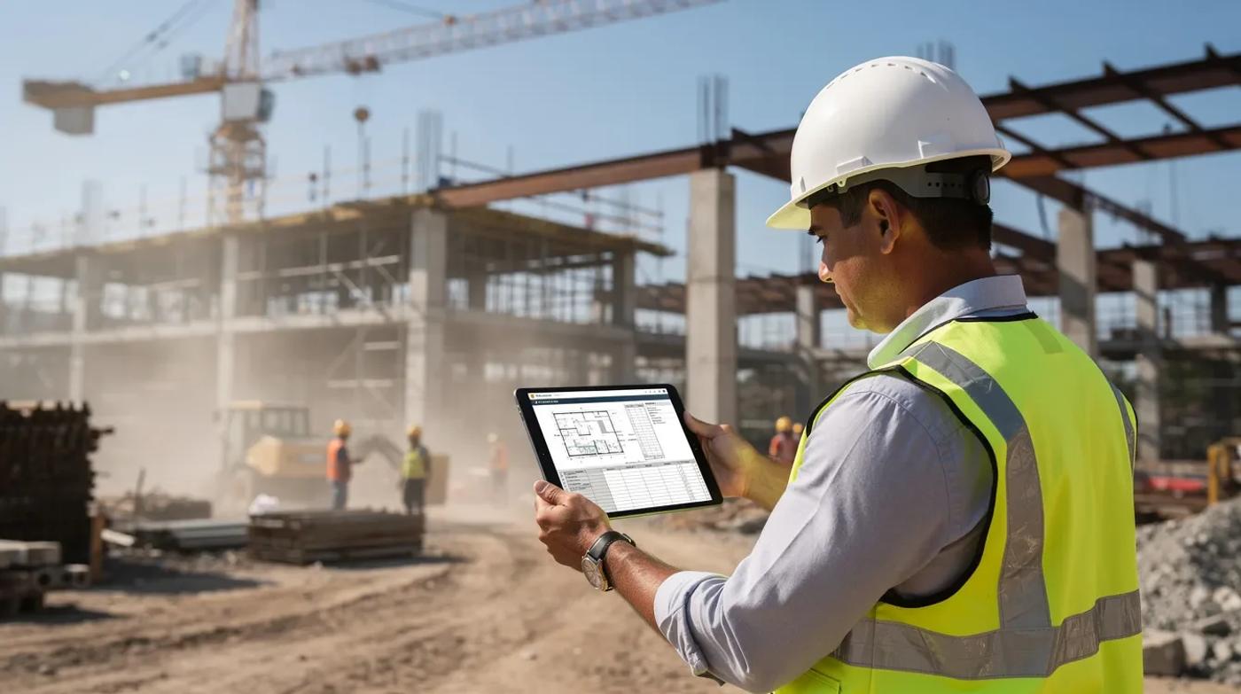 A worker in a white hard hat checks a drawing and document list on a tablet at a construction site.