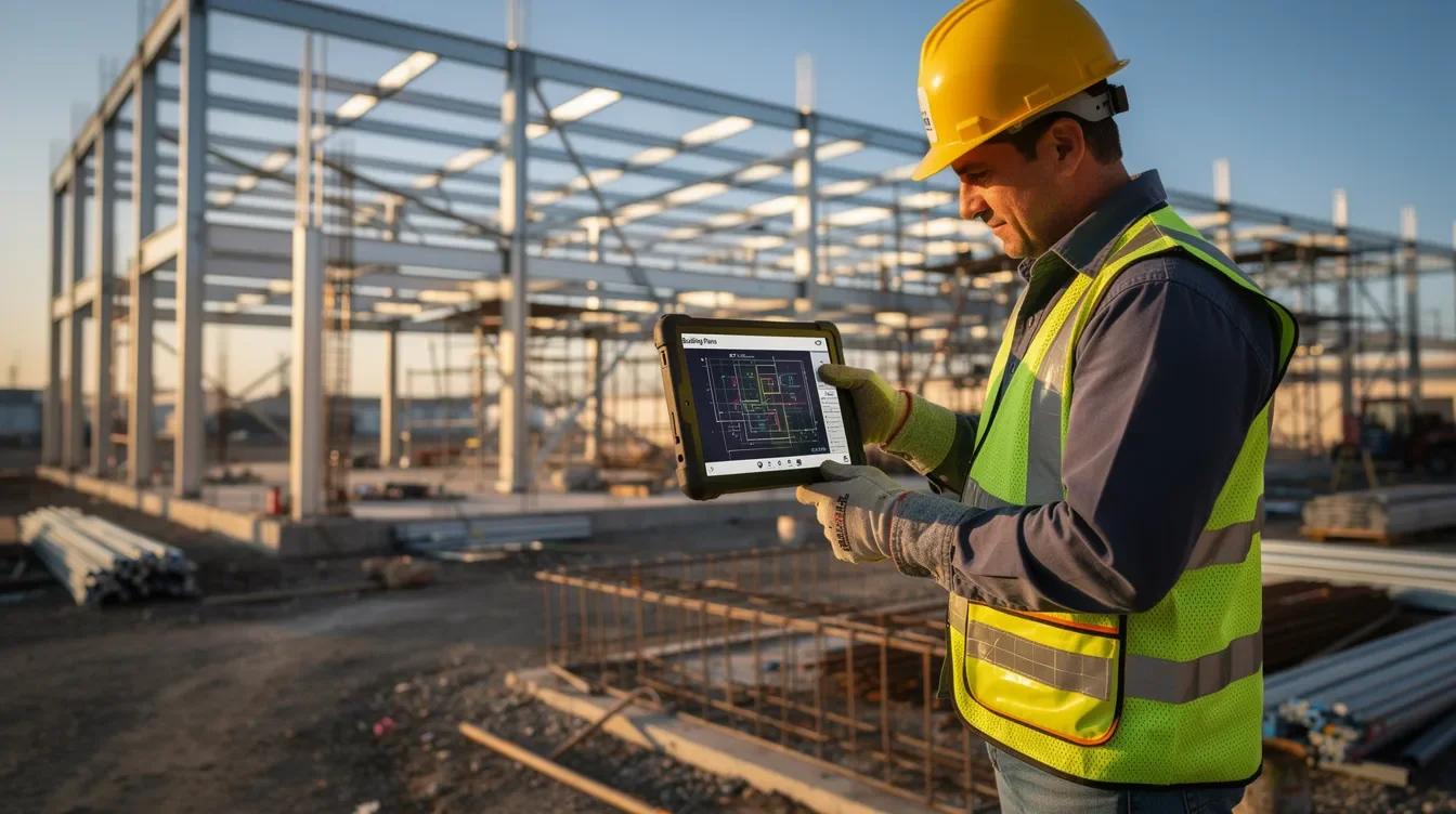 A worker in a yellow hard hat reviews a drawing on a tablet beside a building's steel frame.