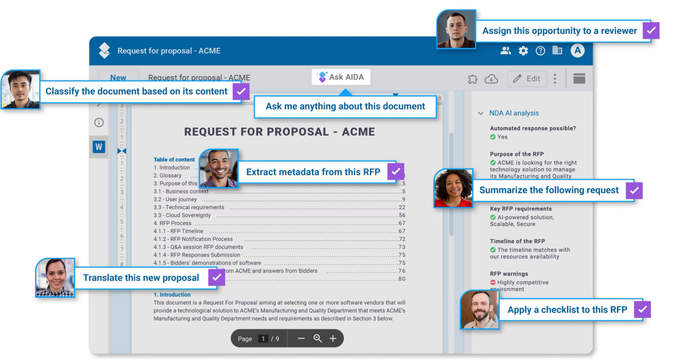 An AODocs source graphic labels document classification, extraction and review actions around an RFP screen.