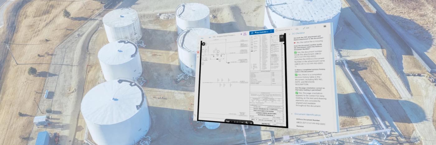 A tablet showing project records is overlaid on an aerial view of industrial storage tanks.