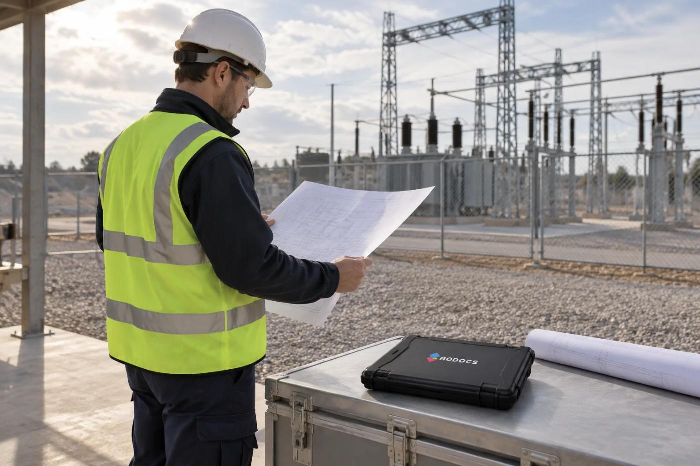 An engineer reviews a printed layout drawing outside a fenced electrical substation.