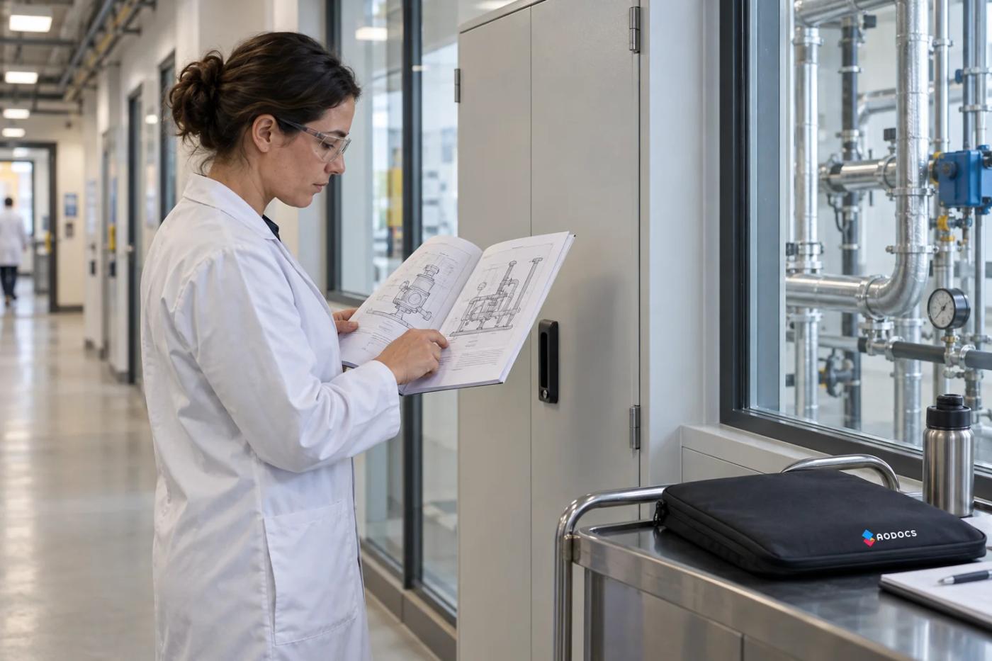 A maintenance planner checks an equipment manual beside laboratory pipework.