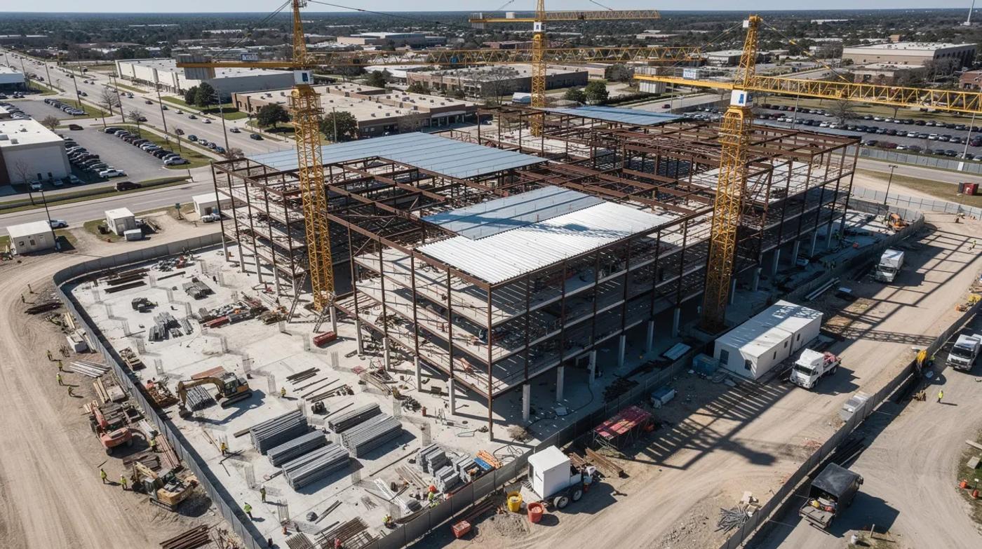 Aerial view of a building under construction with cranes, steel framing and surrounding roads.