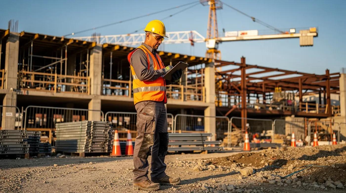 A worker in a hard hat checks a tablet at a building site with cranes in the background.