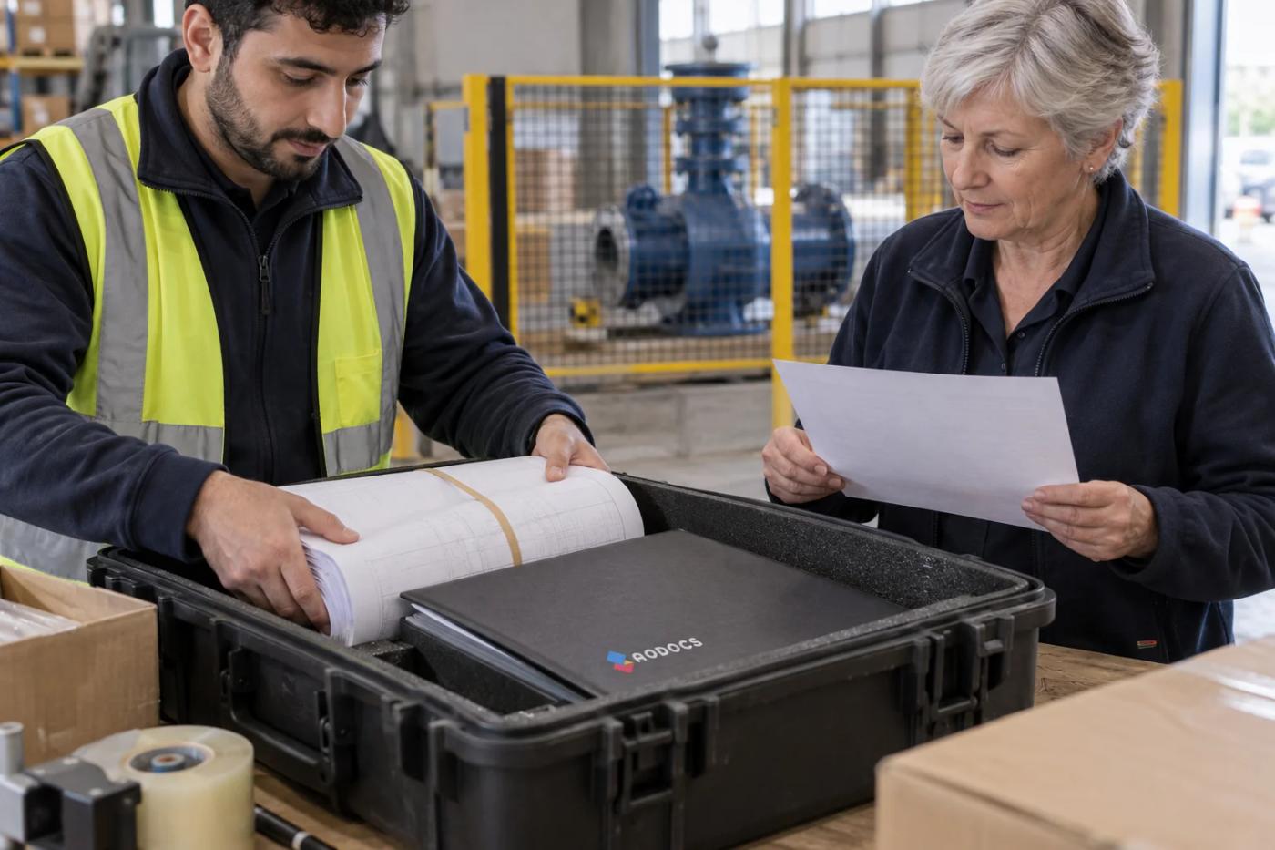 Two colleagues check drawings and paperwork beside a document case in an industrial workshop.
