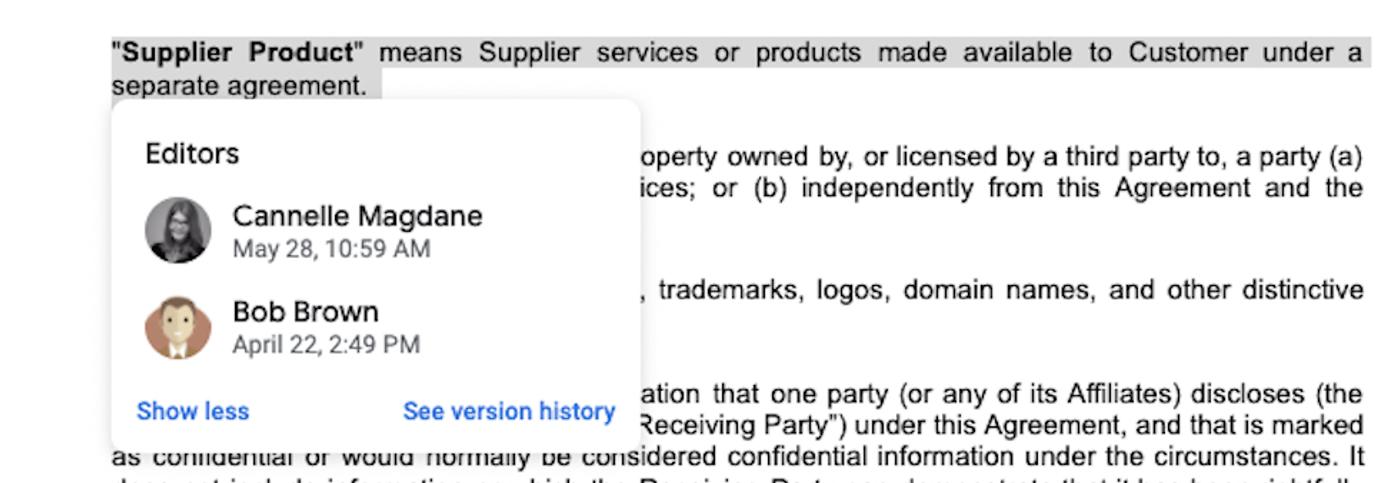 Document clause edit history showing two editors and a version history link
