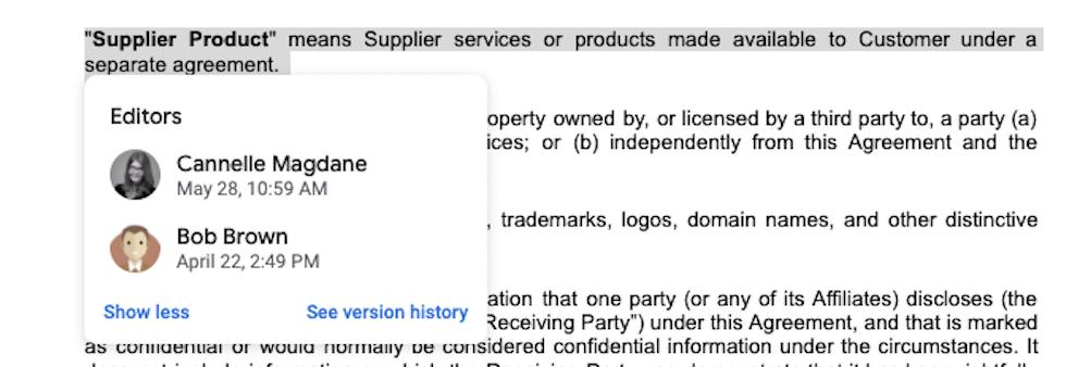 Document clause edit history showing two editors and a version history link