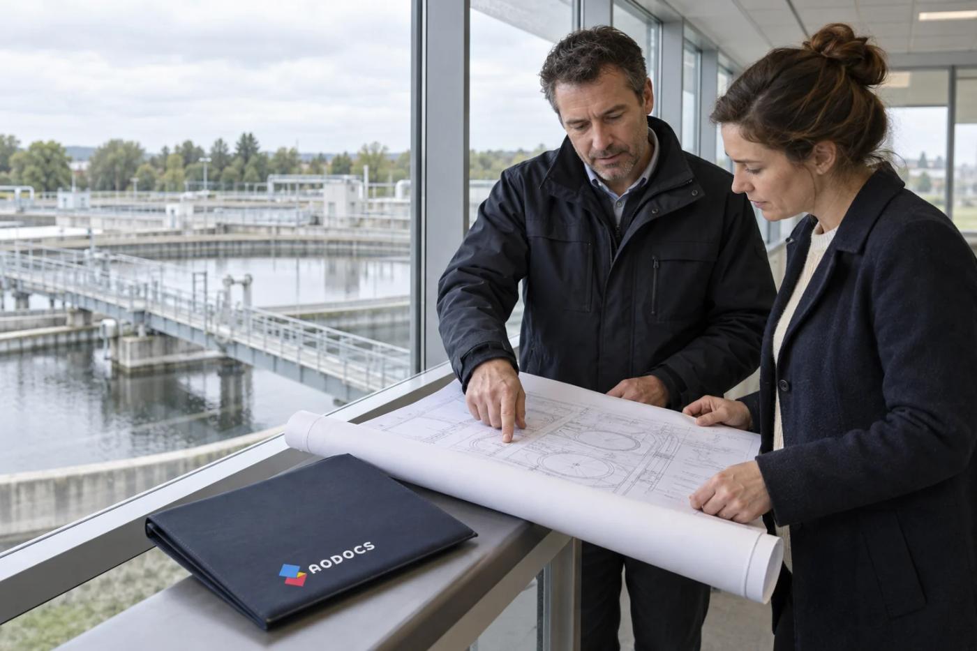 Two colleagues review a site plan beside windows overlooking water-treatment tanks.