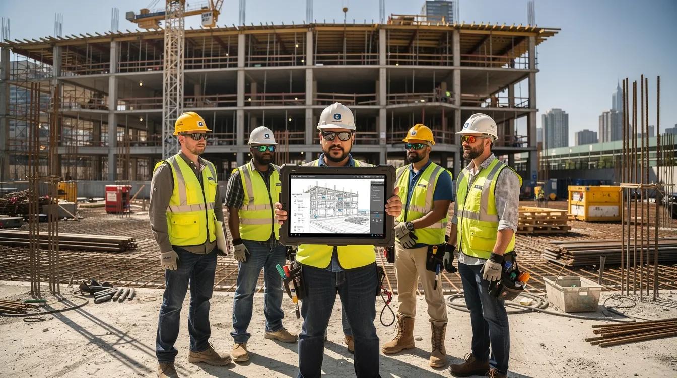 Five workers stand with a tablet showing a plan in front of a building under construction.