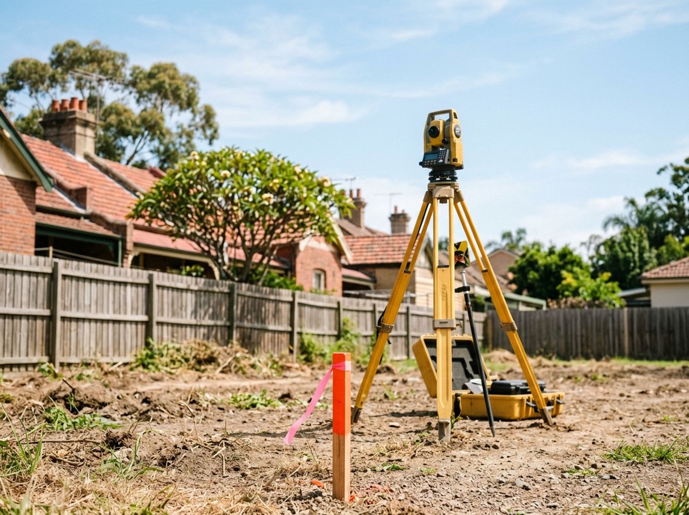 Surveyor's tripod and total station on a cleared building lot, an orange peg in front, with fence and tiled rooftops behind.