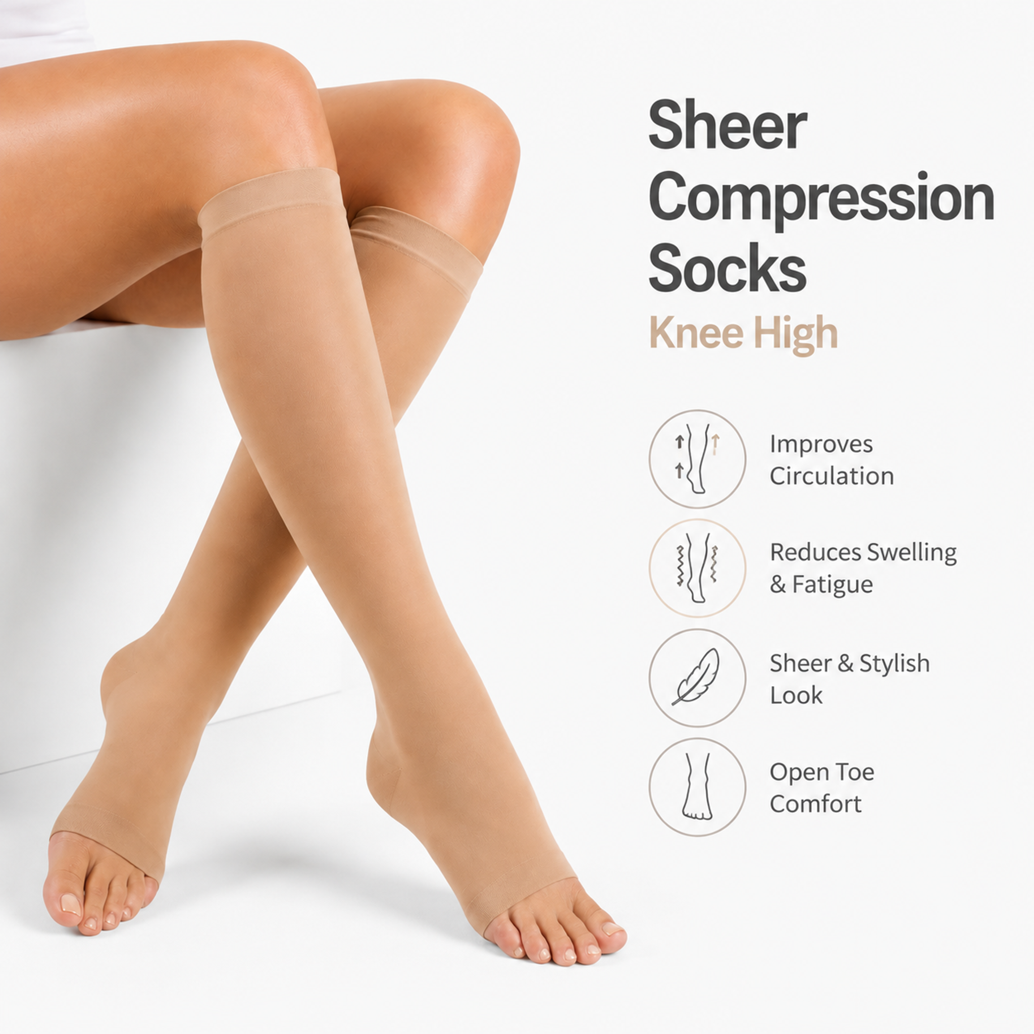 Ligero Medias de compresión médicas hasta la rodilla con punta abierta 20-30mmHg para varices