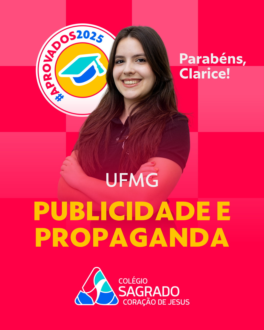 Arte de aprovação da aluna Clarice em Publicidade e Propaganda na UFMG