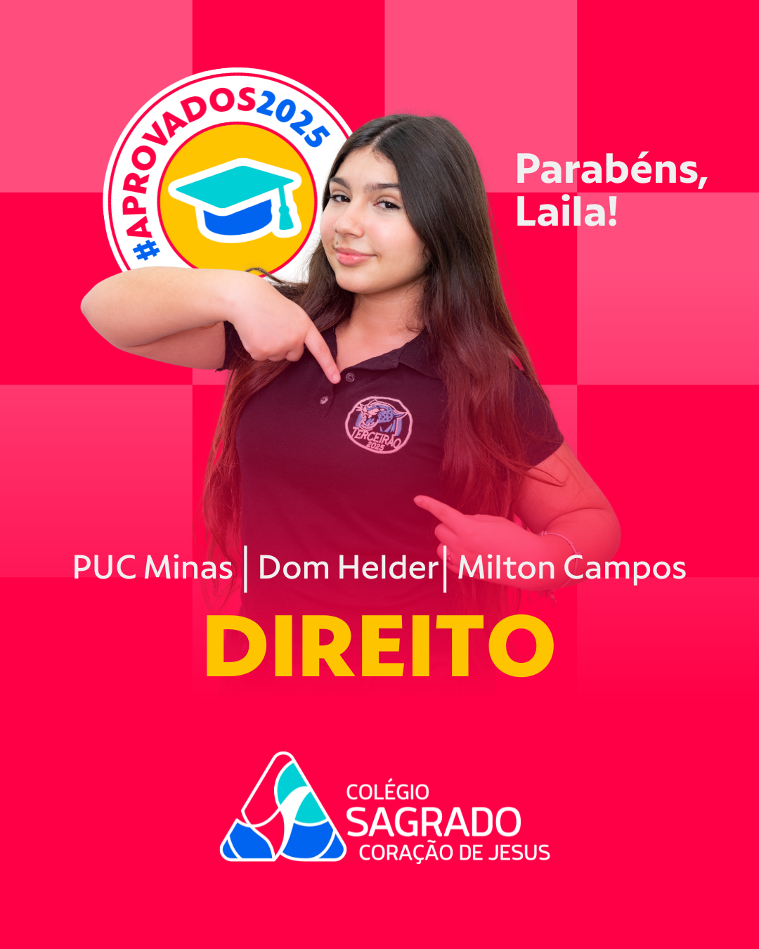 Arte de aprovação da aluna Laila em Direito na PUC Minas, Dom Helder e Milton Campos