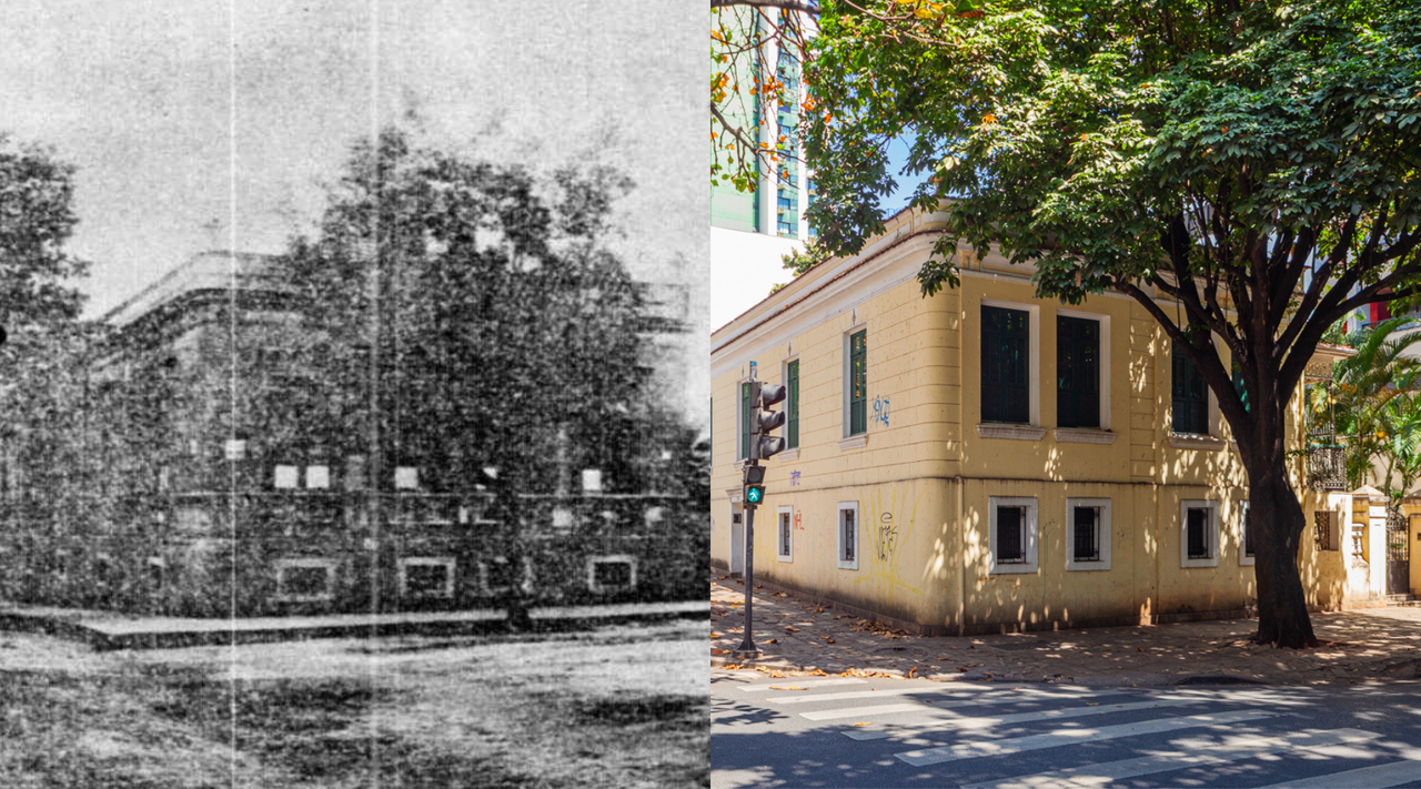 Comparação entre fotografias histórica e atual do primeiro imóvel onde funcionou o Sagrado