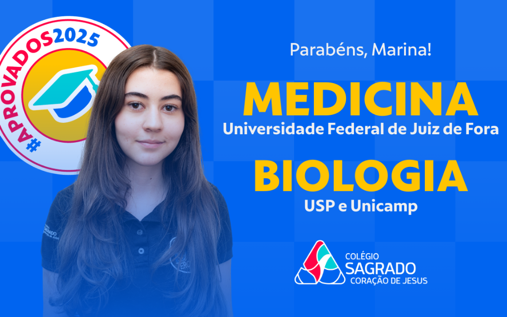 Arte de aprovação da aluna Marina em Medicina na UFJF e Biologia na USP e na Unicamp