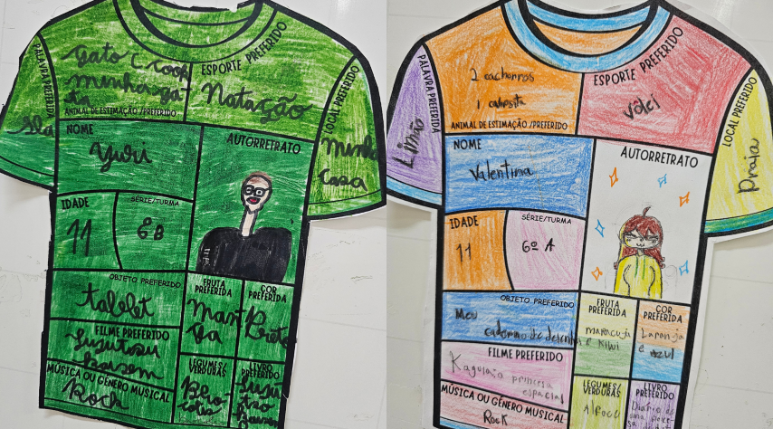 Ilustrações de camisetas personalizadas por estudantes do 6º ano no projeto CamisEUta