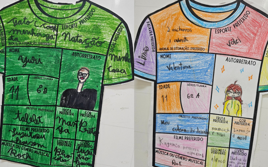 Ilustrações de camisetas personalizadas por estudantes do 6º ano no projeto CamisEUta