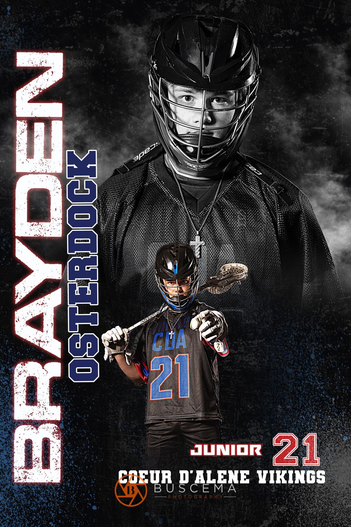 Brayden Osterdock, number 21, Coeur d'Alene Vikings lacrosse player portrait in protective gear.