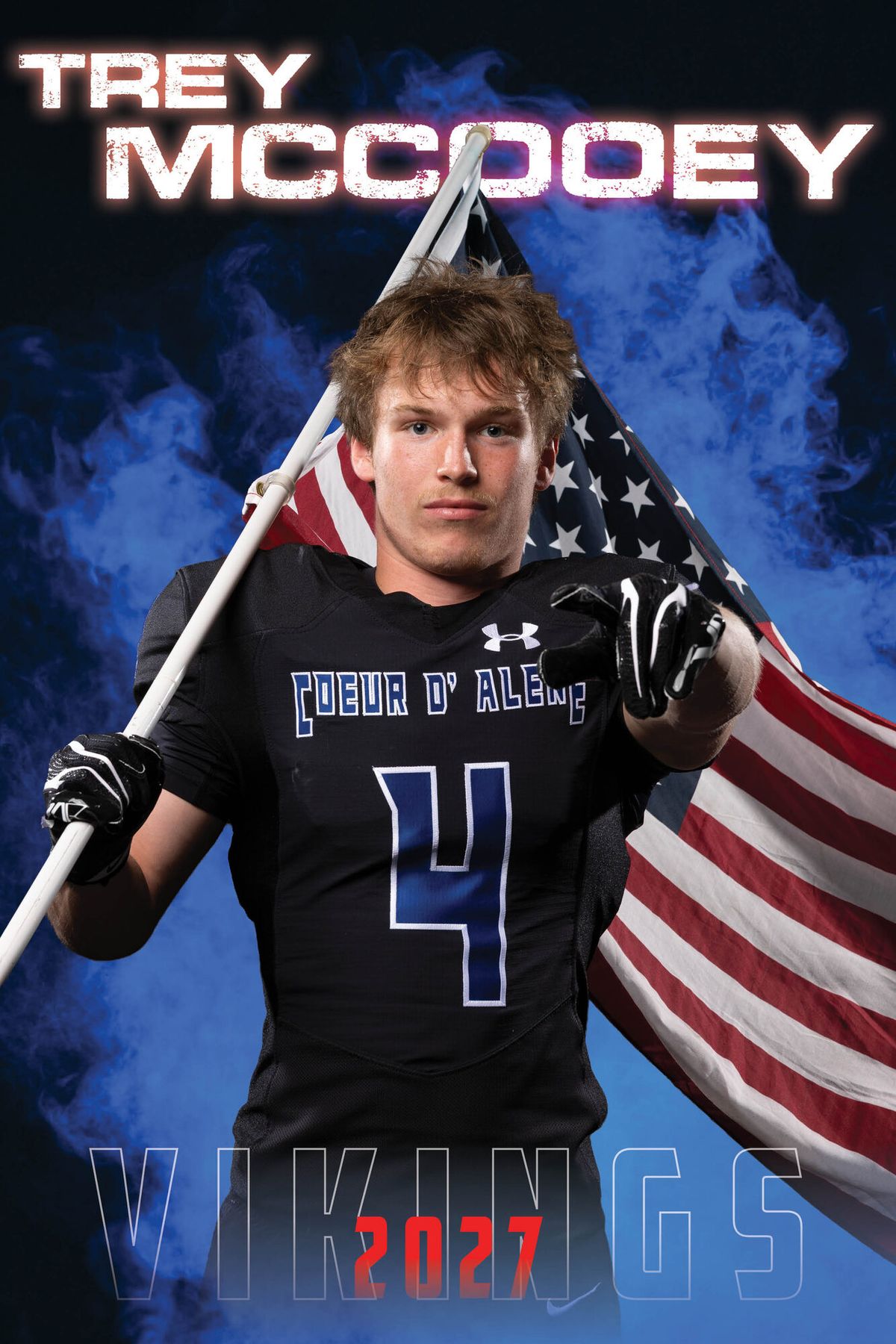 Individual athlete banner for a Coeur d'Alene Vikings football player