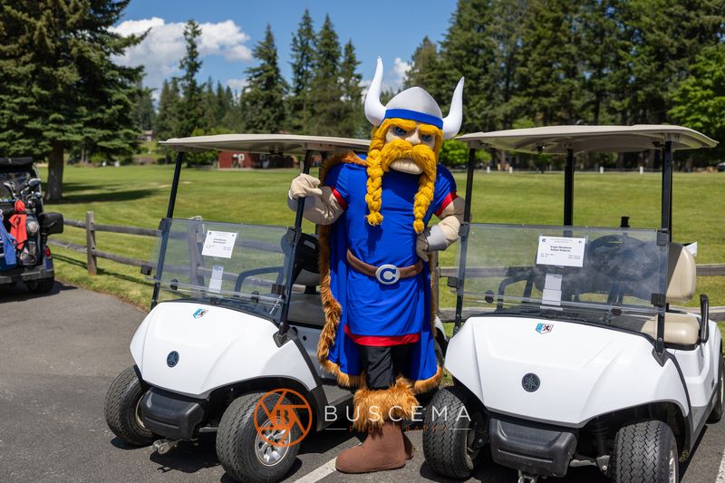 The Viking mascot standing between golf carts at Avondale Golf Club