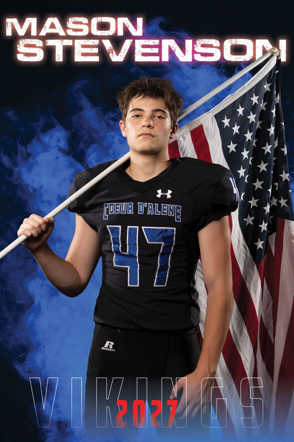 Individual athlete banner for a Coeur d'Alene Vikings football player