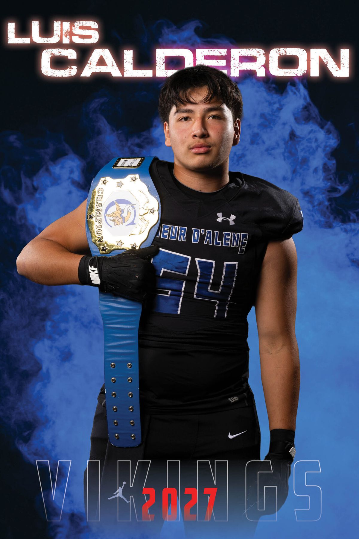 Individual athlete banner for a Coeur d'Alene Vikings football player