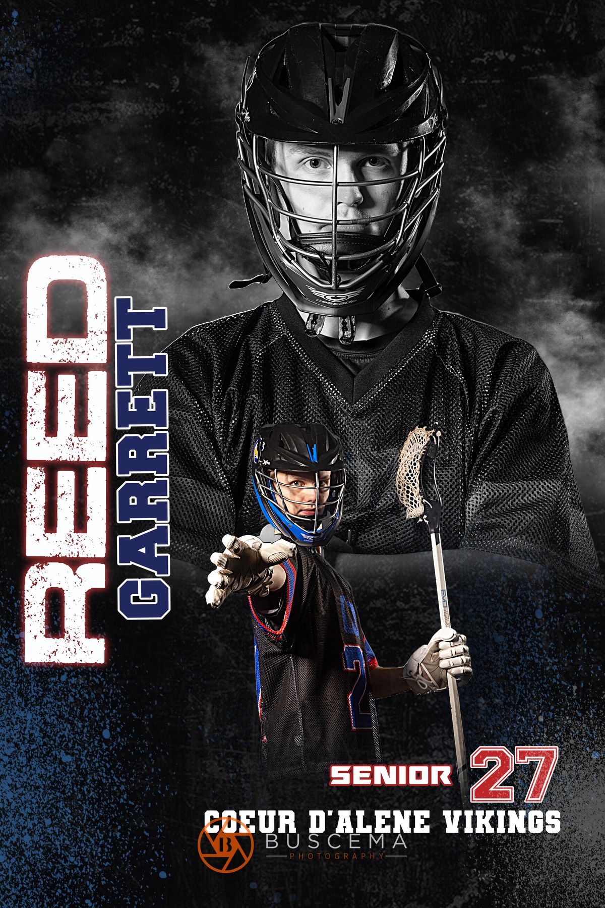 Senior lacrosse player #27 Reed Garrett in full gear holding stick, Coeur d'Alene Vikings portrait.