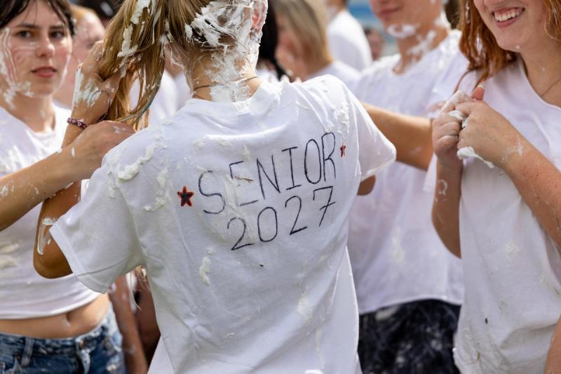 A white shirt marked SENIOR 2027 at the Coeur d'Alene senior kickoff
