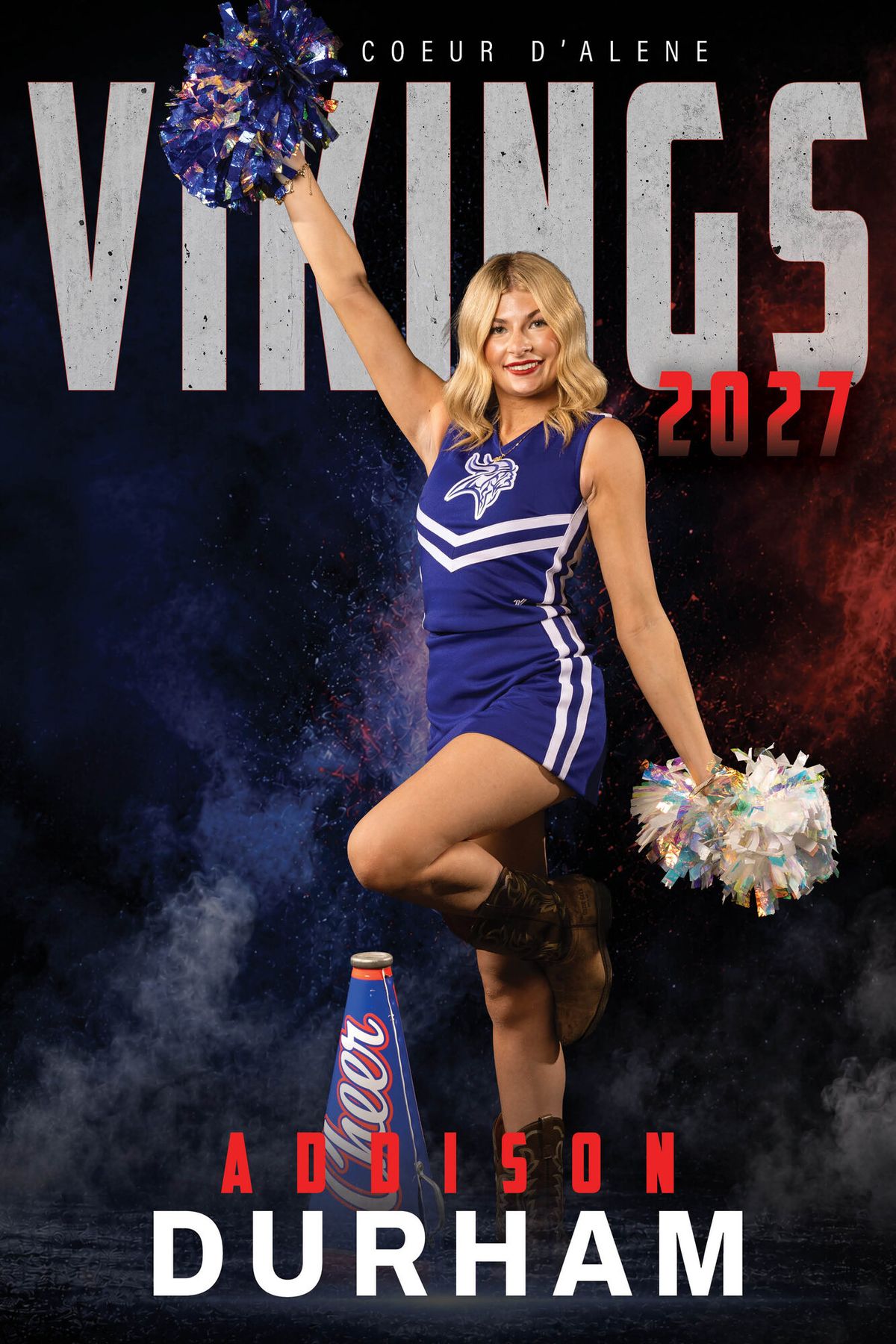 Individual athlete banner for a Coeur d'Alene Vikings cheerleader