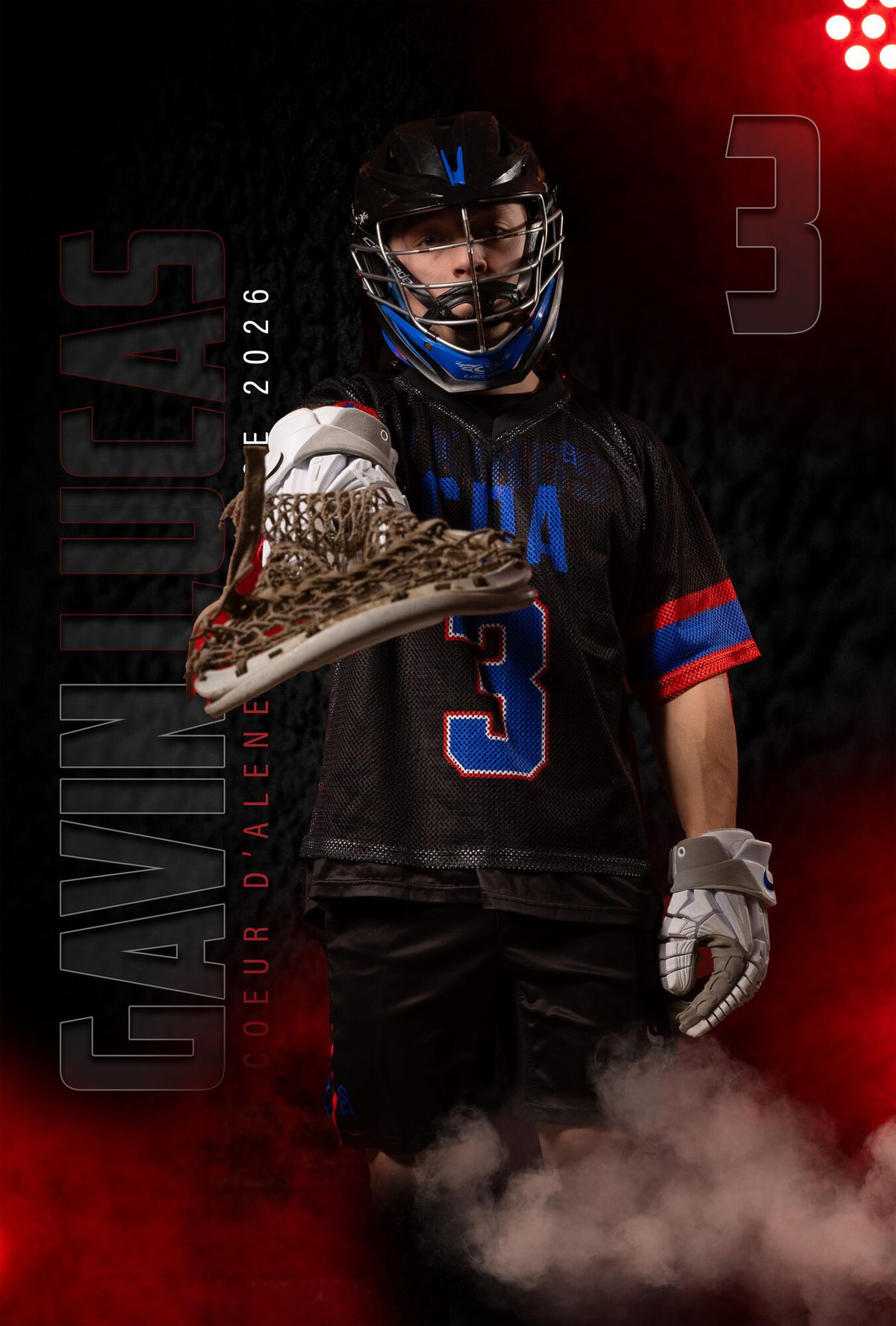 Individual athlete banner for a Coeur d'Alene lacrosse player