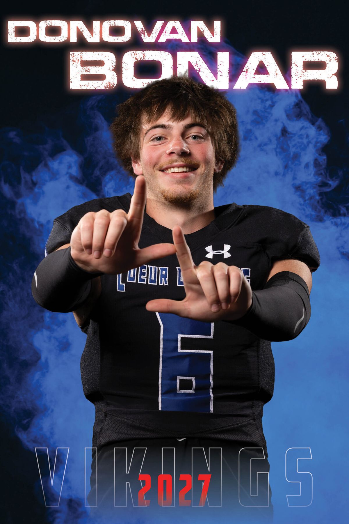 Individual athlete banner for a Coeur d'Alene Vikings football player