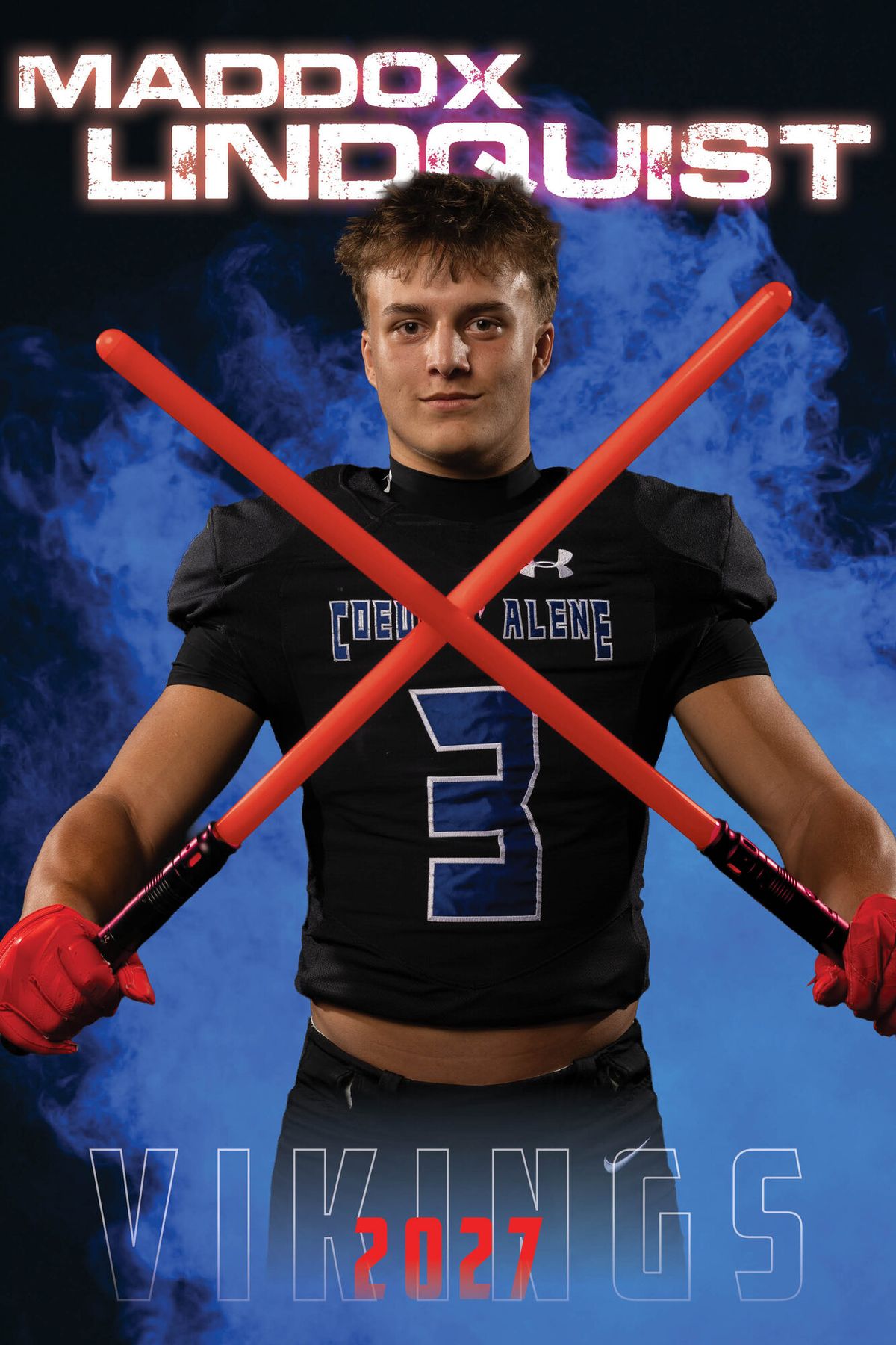 Individual athlete banner for a Coeur d'Alene Vikings football player