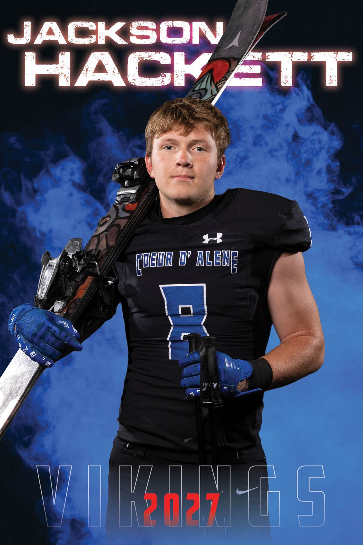 Individual athlete banner for a Coeur d'Alene Vikings football player