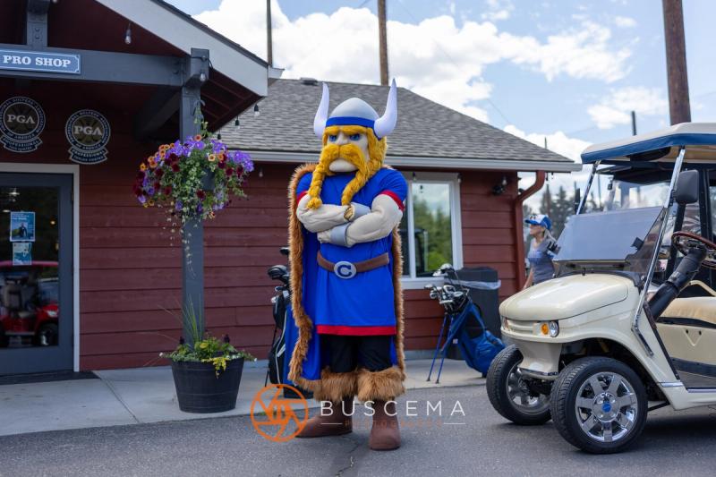 The Viking mascot standing outside the Avondale pro shop
