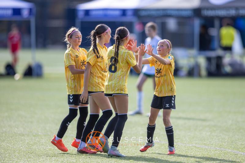 Sting 13G Academy players celebrating a goal together against Harbor Premier
