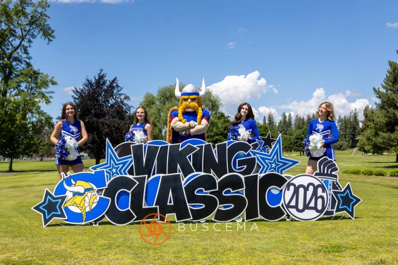CHS cheerleaders and the Viking mascot standing behind the Viking Classic 2026 sign