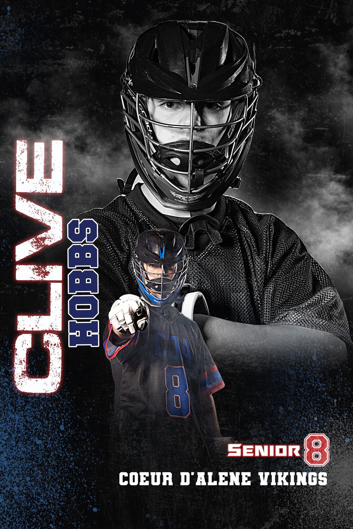 Individual athlete banner for a Coeur d'Alene Vikings lacrosse player