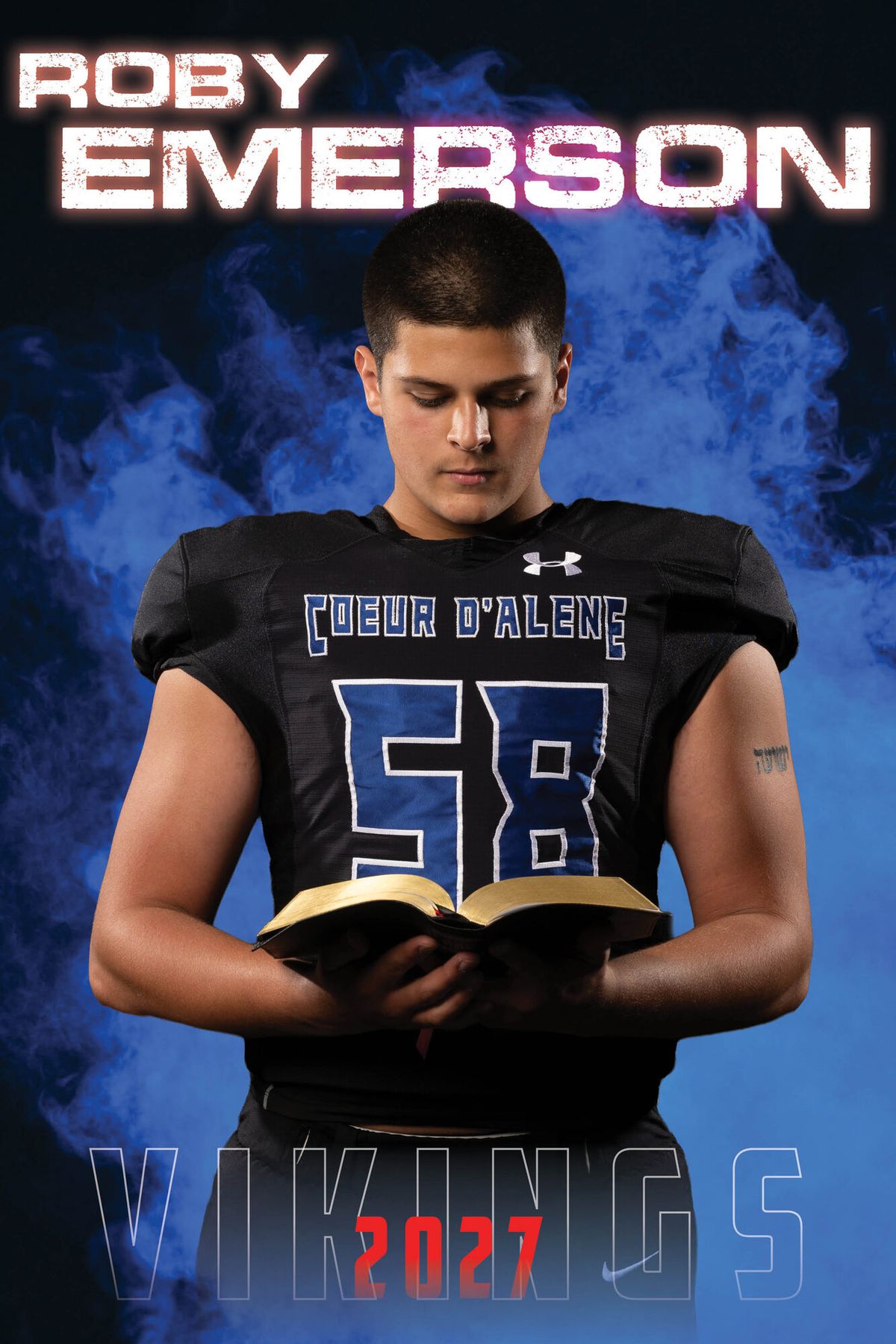 Individual athlete banner for a Coeur d'Alene Vikings football player