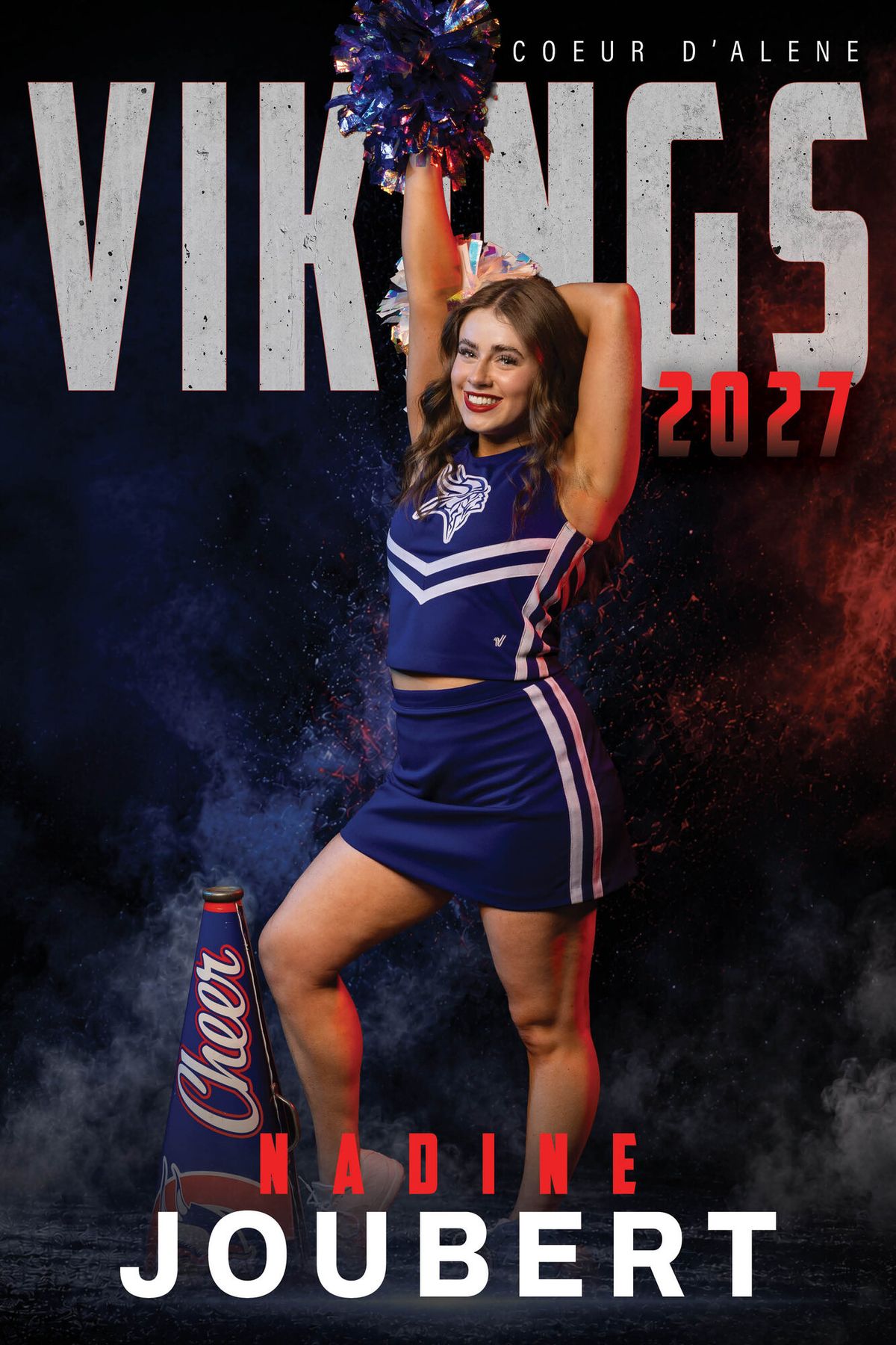Individual athlete banner for a Coeur d'Alene Vikings cheerleader