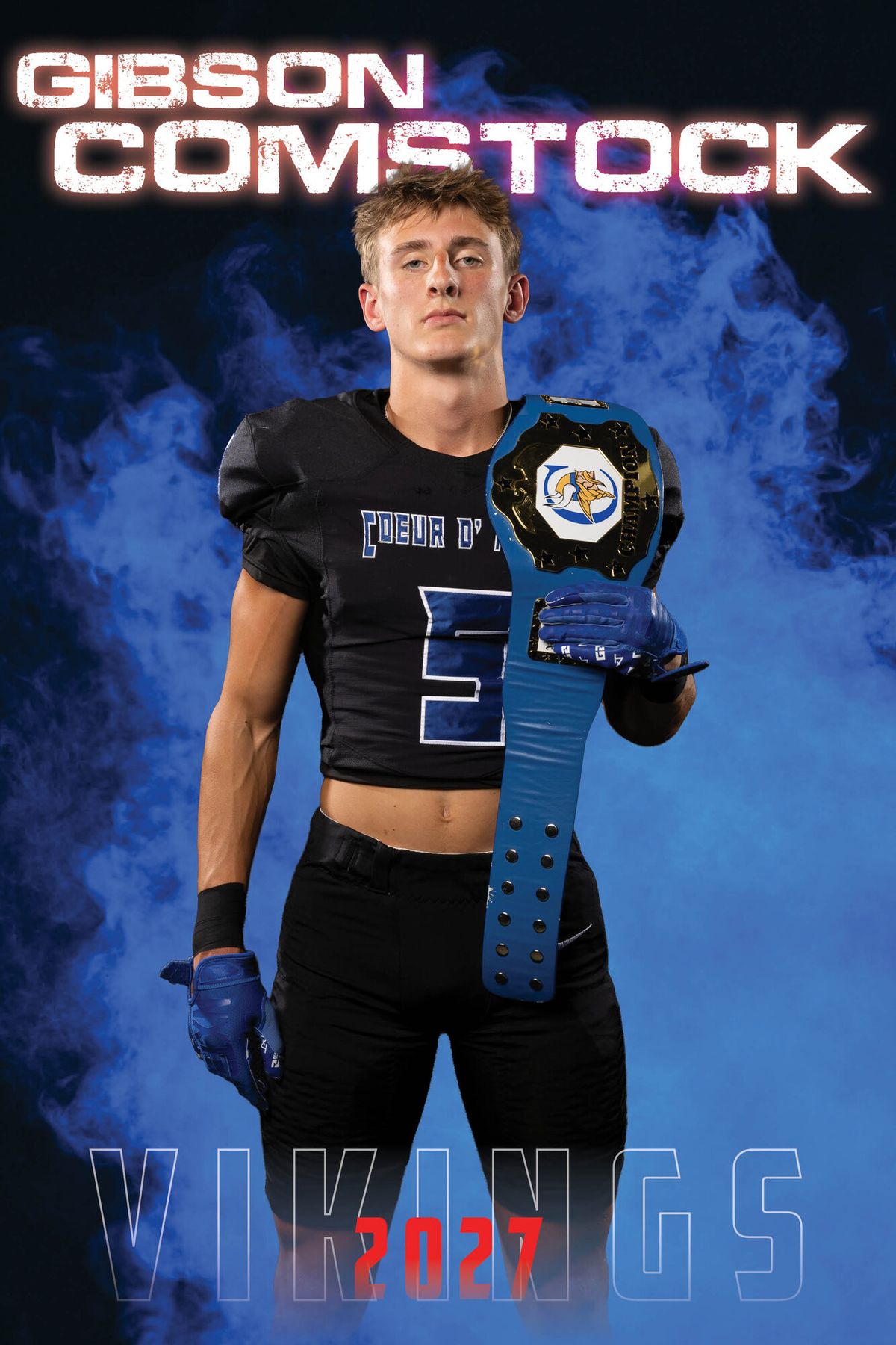 Individual athlete banner for a Coeur d'Alene Vikings football player