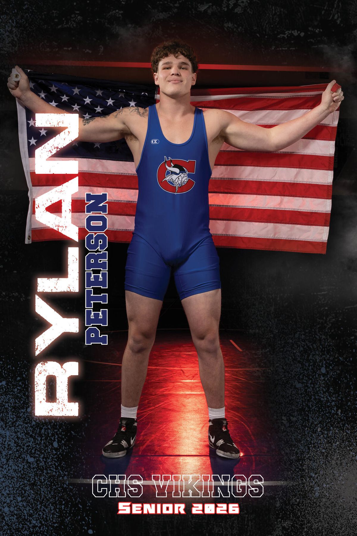 Individual athlete banner for a Coeur d'Alene Vikings wrestling player