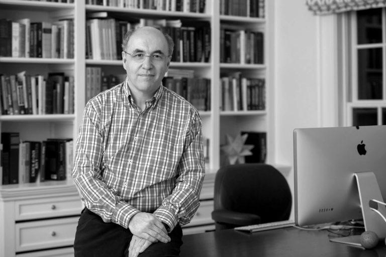 Stephen Wolfram, creator of Mathematica and Wolfram|Alpha, in his study recording an episode of the podcast "Utility + Function" with Nanotronics CEO Matthew Putman